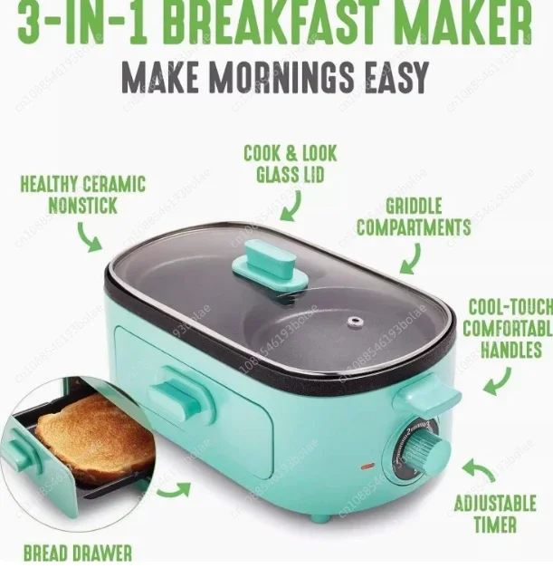 3-in-1 Breakfast Maker Station, Ceramic Nonstick Dual Griddles & Breakfast Sandwiches, 2 Slice Toast Drawer, Turquoise curtain