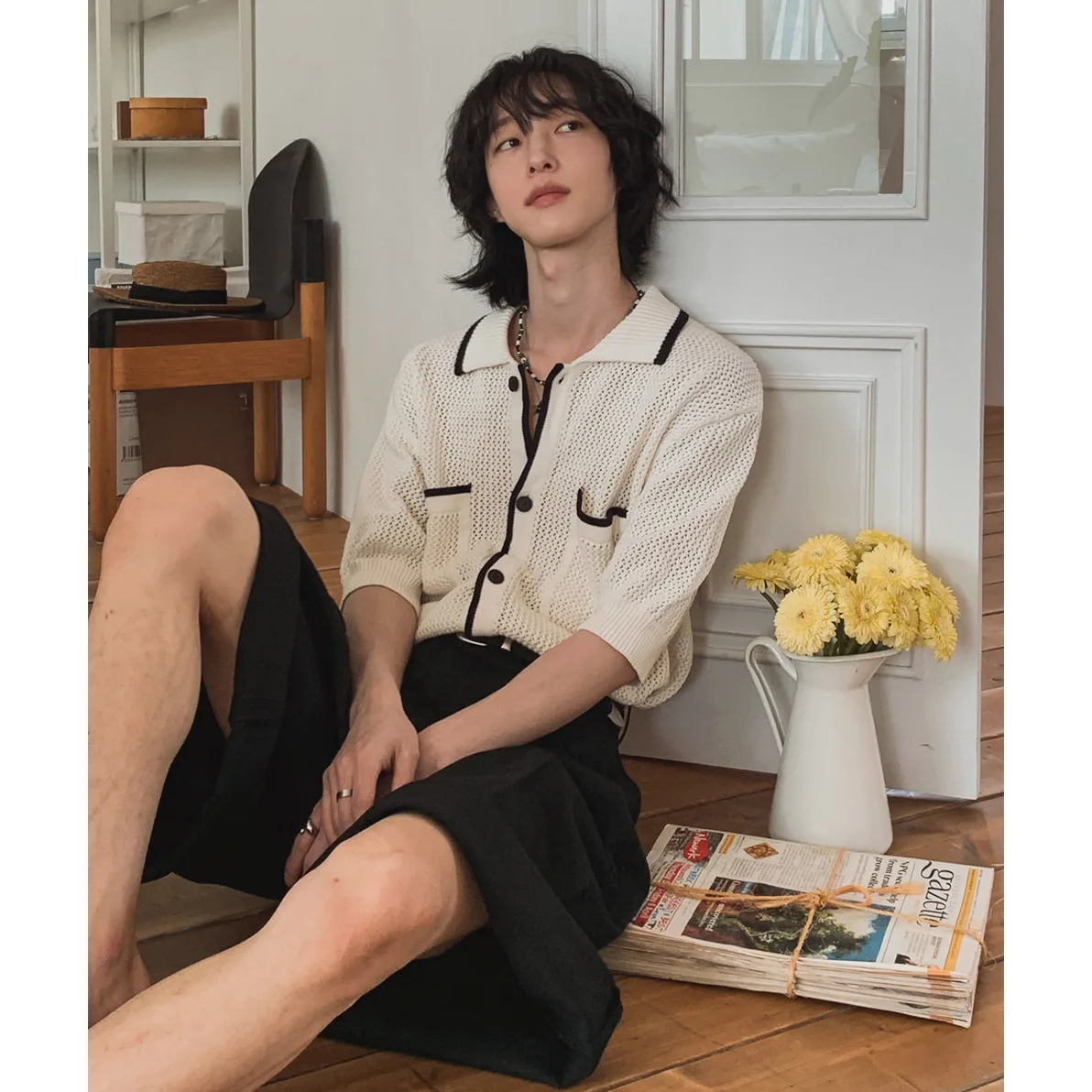 Men Summer Korean Commuter Lapel Knit T-Shirt with Pocket Loose Casual Short Sleeve Top Soft Breathable Fabric for Daily Wear