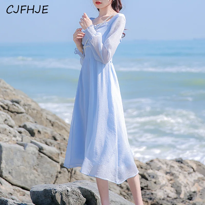 Cjfhje blau langes Kleid Frauen elegante Vintage Abend party Chiffon Kleider Frühling koreanische Mode schlanke Schnürung Langarm Kleid