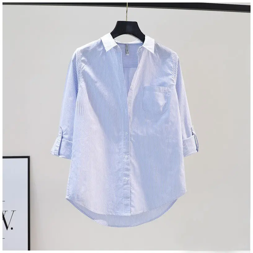 100% Pure Cotton Light Blue Vertical Stripes Shirt for Women\'s Simplicity 2024 Spring Autumn Commuting Loose Casual Trendy Top