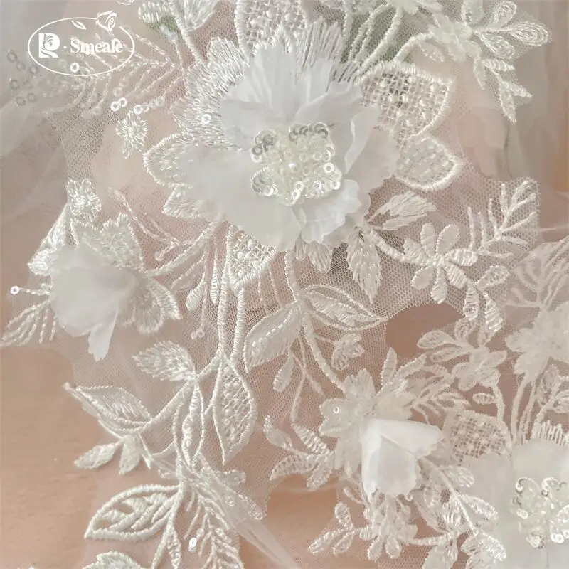 Weiße 3D-Applikationen mit Perlen, Spiegelblumen, Blumenblätter, Stickerei für Hochzeitskleider, Kopfschmuck, DIY-Nähzubehör, Patch. – Detail 7