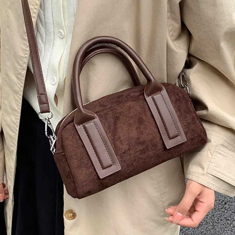 

Vintage Faux Suede Boston Bag Top Handle Women Handbags Casual Small Clutch Ladies Purses High Quality Shoulder Crossbody Bags