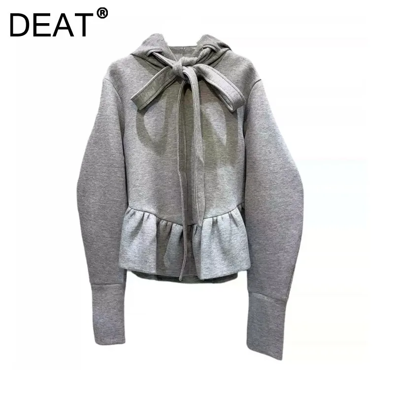 DEAT Women's Sweatshirt Grey Strap Hooded Patchwork Skirt Design Long Sleeve Causal Hoodie 2025 Spring New Fashion 33A2203