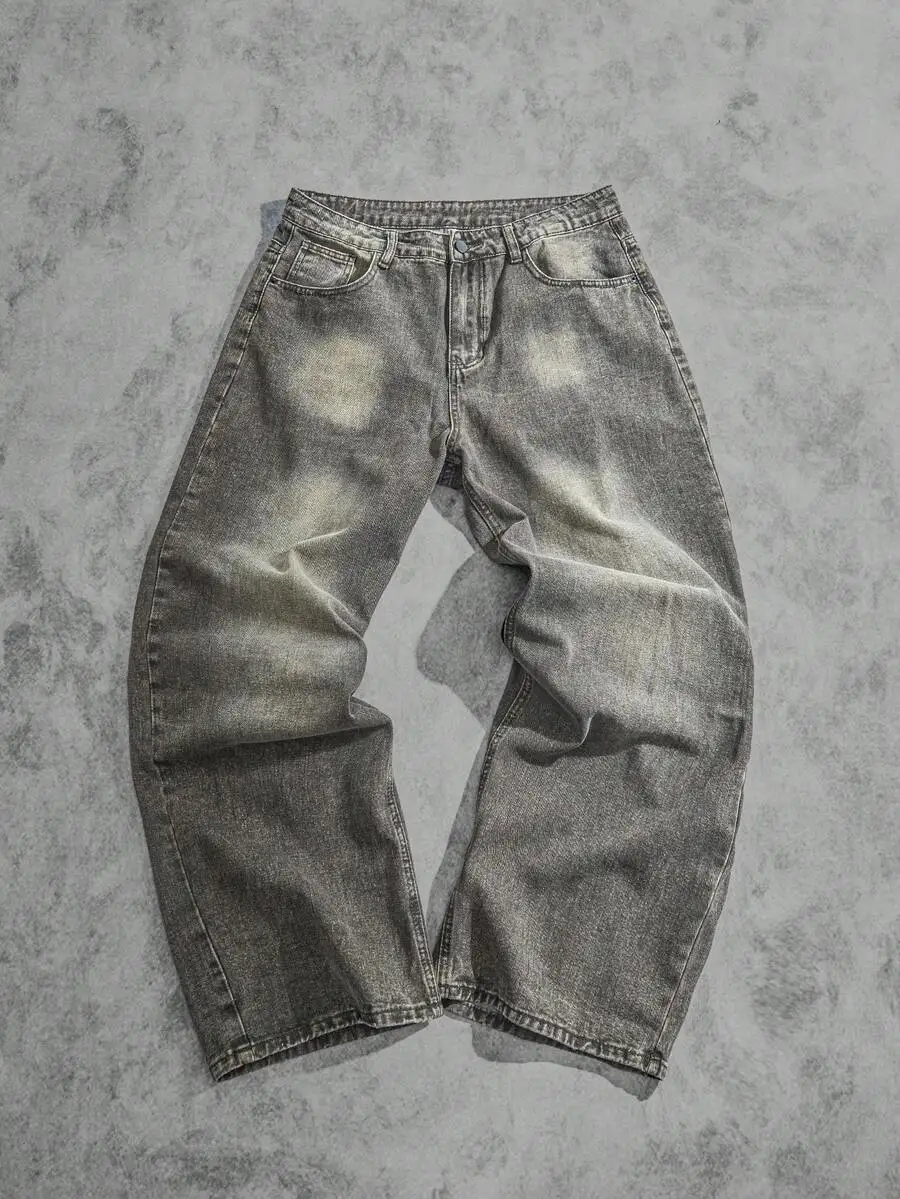 

Mens Loose Fit Wide Leg Casual Jeans With Distressed Pockets