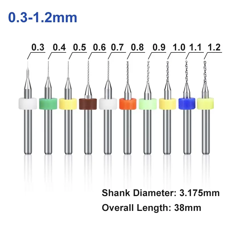 10pcs 1/8'' Shank Mini CNC PCB Drill Bit Set 0.1-1.2mm Carbide Gun Drill Bit for PCB Printed Circuit Board Hole Drilling Cutter