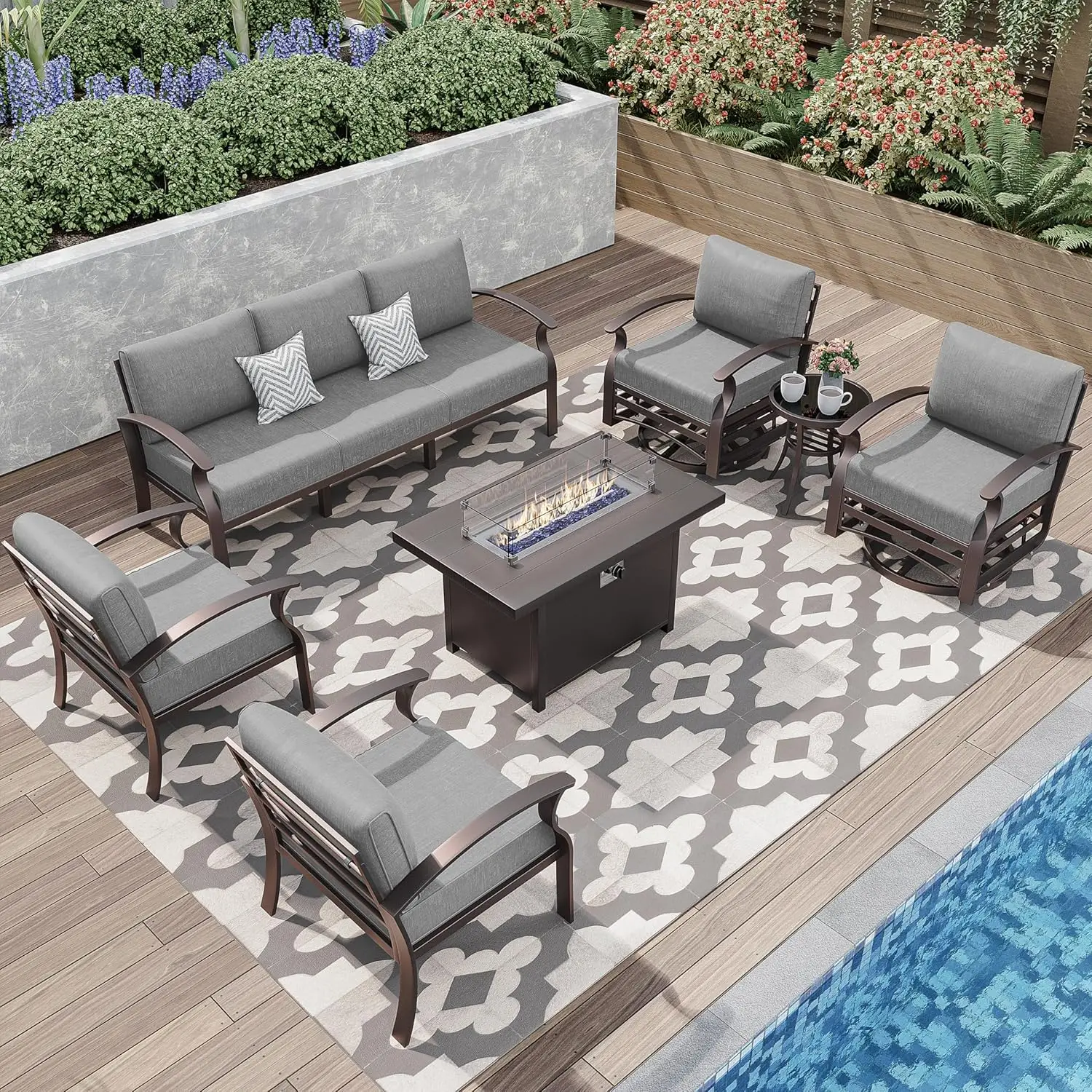 Furniture Set w/55,000 BTU Propane Fire Pit 7-Seat Outdoor Metal Patio Conversation Sectional w/Swivel & Rocking Sofas