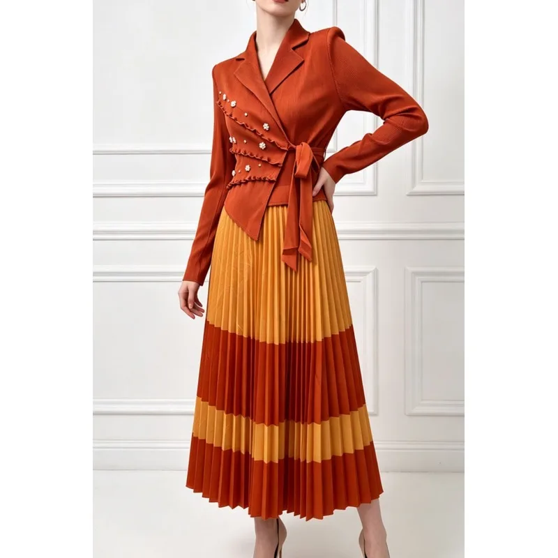 Miyake Pleated Suit Collar Beaded Trim Ruffled Hem Loose Long Sleeve Dress Color Blocked Plus Size Stretchy Women's Clothing