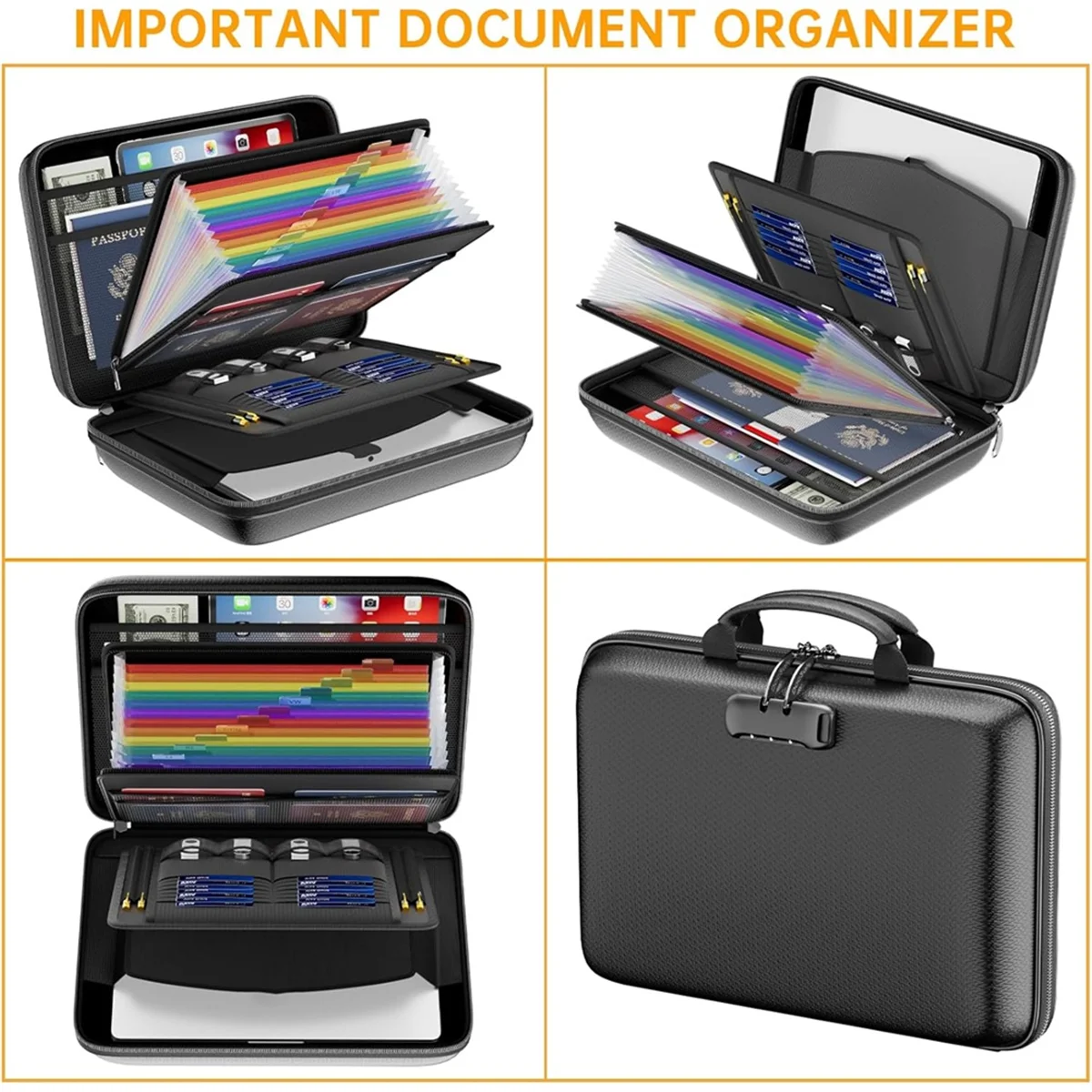 ABGV Fireproof File Organizer with Lock, Hard-Shell Case Fireproof Document Box with 13 Accordion File Folder, for Important