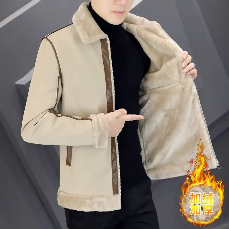 2023 suede leather PU Men Winter Jackets and Coats Thickening Wool Windbreak Waterproof Warm Skin Lamb Fur Trench Coat Plus