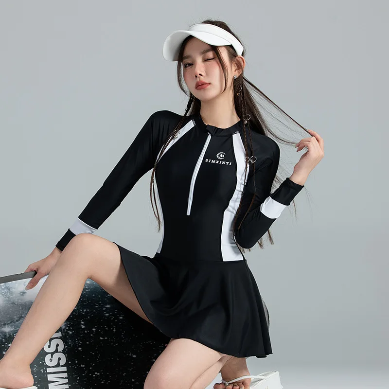 Women One Piece Swimsuit Korea Athletic Sun Protection Beach Dress Swimwear Long Sleeve Quick-Drying Black Bathing Surfing Suits