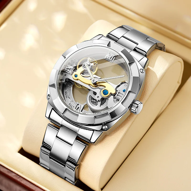 

Мужские модные полностью автоматические механические часы со скелетом и турбийоном, водонепроницаемый ремешок из нержавеющей стали, роскошные деловые наручные часы