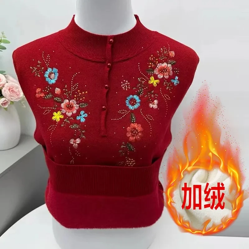 Mother's Winter Plush Thicken Sweater Elderly Women Embroidered Pullover Sweater Casual Large Size Knitted Jumper Feminia 5XL