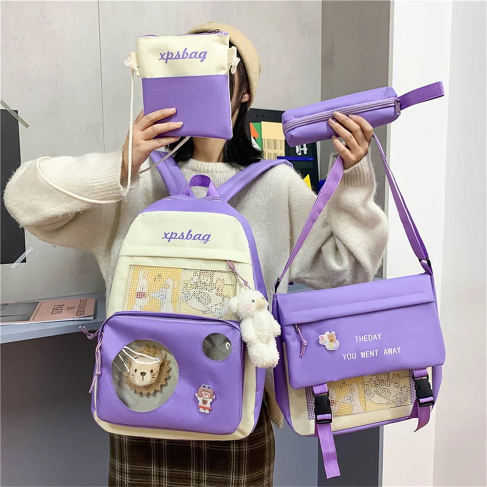 New Large Capacity Canvas Four Piece Backpack Set Cute Junior High School Student Bag Korean Harajuku Style Women\'s Schoolbag