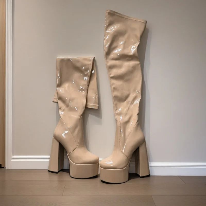 Ladies' Patent Leather High Heels Thick Sole Fashion Side Zipper Knee High Boots European and American Sexy Stage Walking Shoes - Image 4