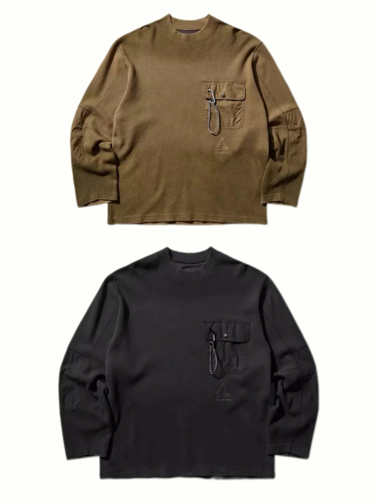 

Outdoor Streetwear ROA Gradient Dyed Long Sleeve T-Shirt with Pocket Mountain Climbing Buckle Design Casual round Neck Top