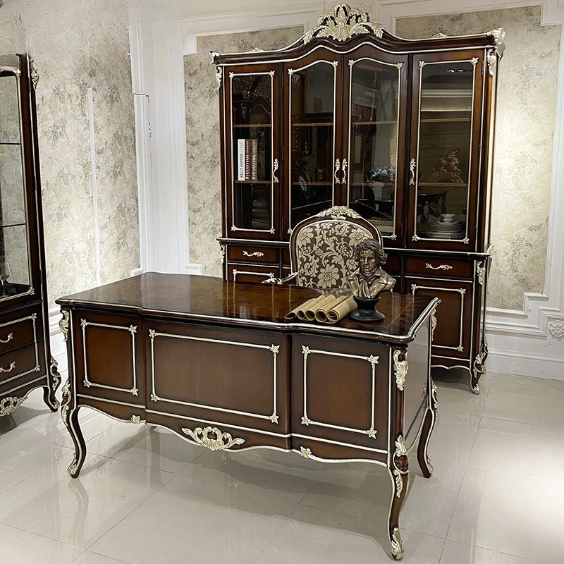 French desk and chairs, European luxury bedroom desk with drawers, solid wood carving desk