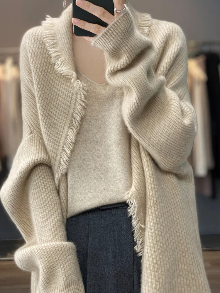 100% Wool Cashmere Women\'s Cardigan Sweater Casual Loose V-Neck Knitted Long Sleeve High end Women\'s Cardigan Sweater new patter