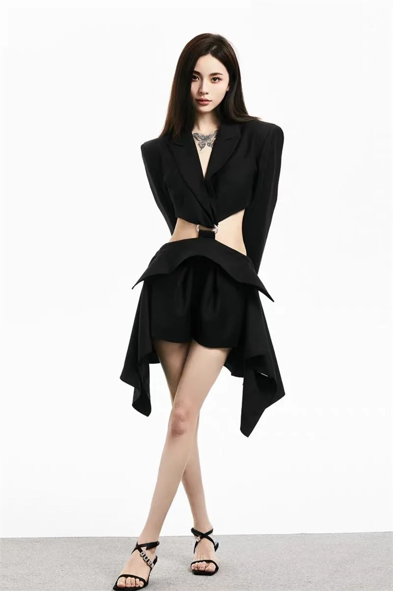 Waistless Large Button Women Skirt Suit Deep-V Neck Long Sleeve Jacket Ruffles Short Mini Glamorous Cut-Out Suit Newest In Stock