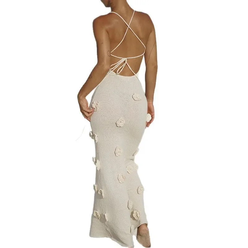2025 Verano Mujer Knit Maxi Cami Vestido 3D Floral Body Con Vestidos largos