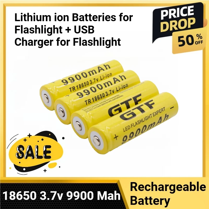 

18650 3.7v 9900 Mah Lithium ion Batteries for Flashlight + USB Charger for Flashlight 18650 Rechargeable Battery 3.7V
