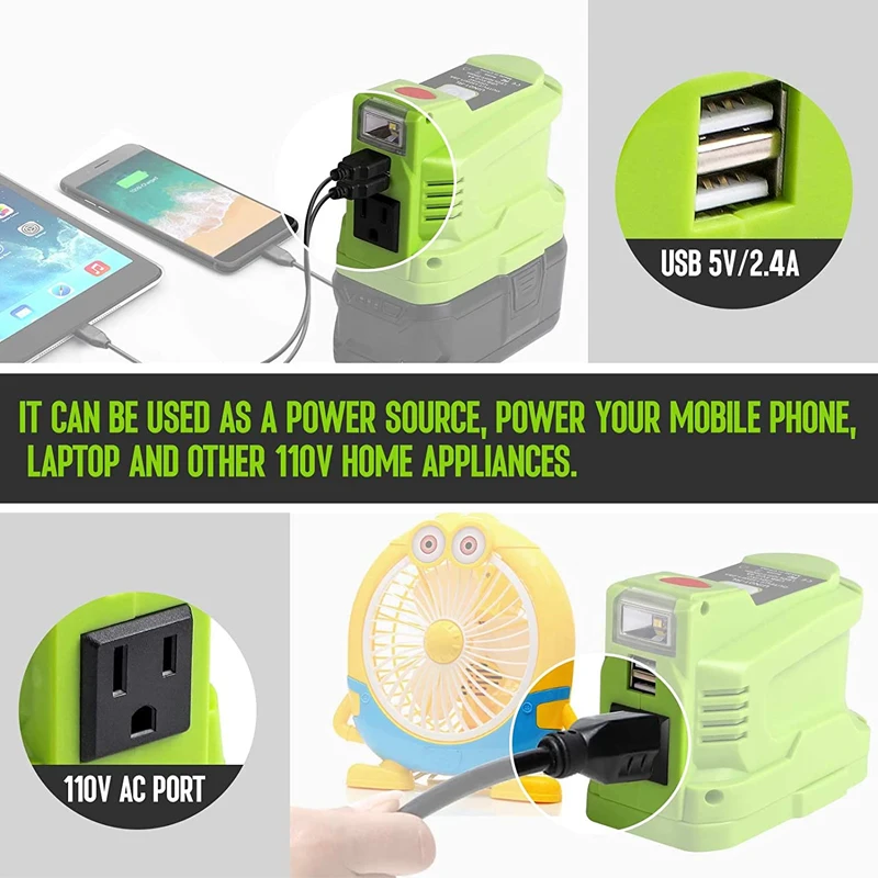 150W Powered Inverter Generator for Ryobi 18V Battery Portable Power Station with Dual USB LED Light DC 18V To AC 110V