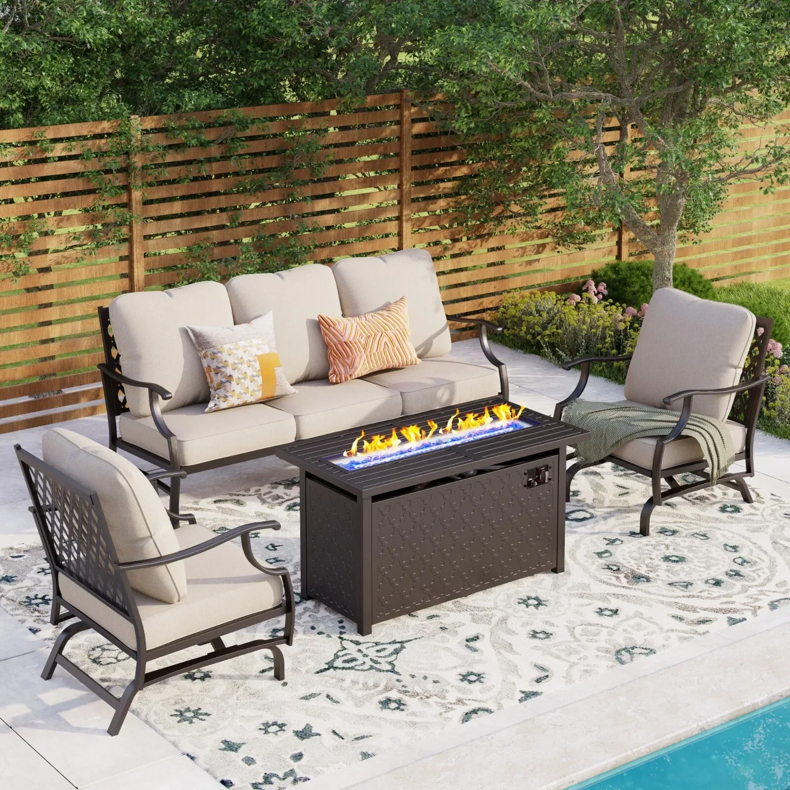 Outdoor Sectional Sofa Set with Gas Fire Pit Table Patio Conversation Sofa Set