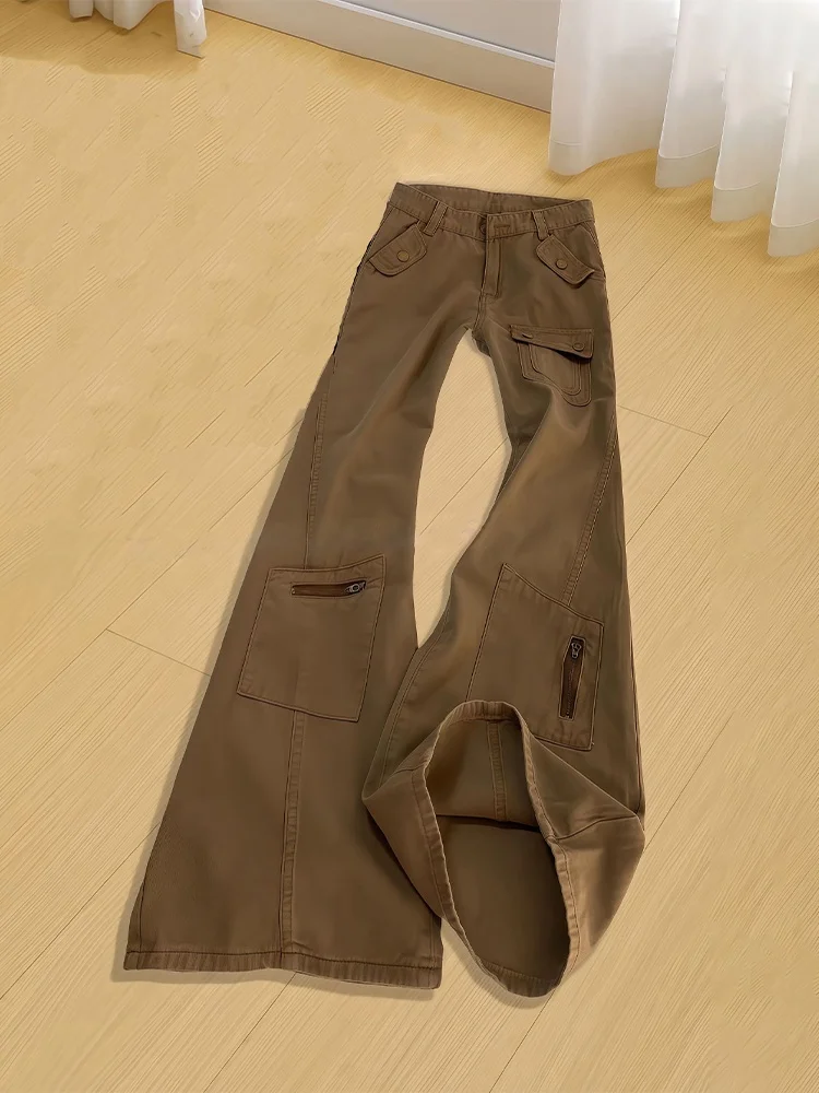 

Коричневые джинсовые расклешенные брюки с несколькими карманами для рабочей одежды, мужские повседневные брюки прямого кроя в американском стиле с удлиняющими штанинами