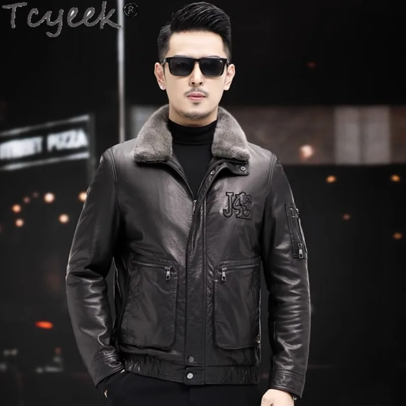 

Tcyeek Fashion Top Layer Cowhide Coats Men Winter Mens Real Leather Down Jacket Detachable Goose Liner Coat Warm Mink Fur Collar