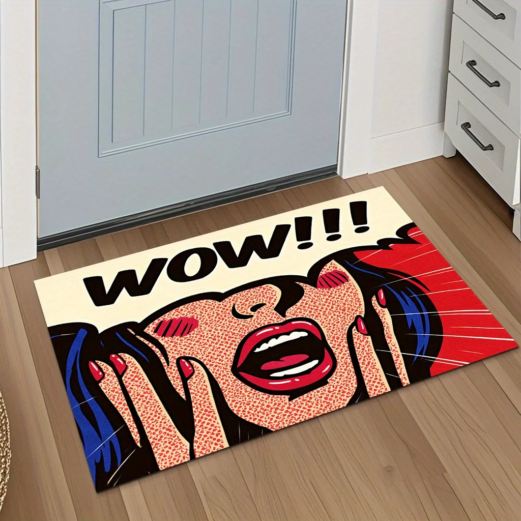 Retro Pop Art Wow Girl Doormat, Vintage Comic Style Rug, Funny Entrance Floor Mat, Non-Slip Entryway Carpet, Cool Home Decor