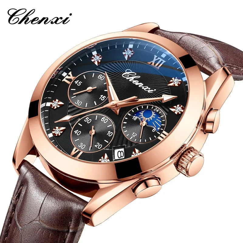 

CHENXI 903, элегантные мужские кварцевые часы, хронограф, фаза Луны, светящийся календарь, водостойкий кожаный ремешок, модные часы для мужчин