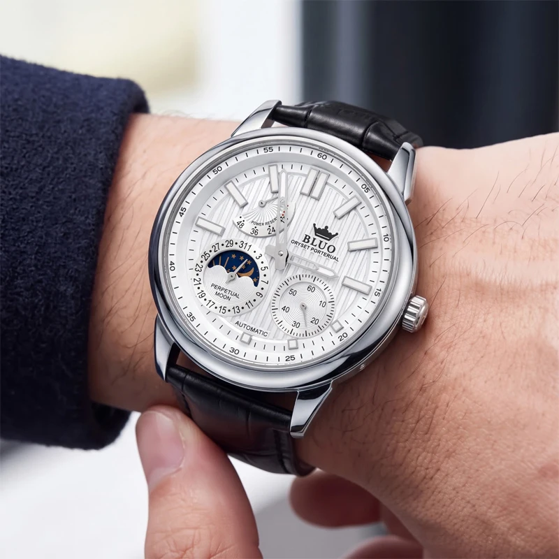 High-End and Elegant Men's Automatic Mechanical Watch, with a Formal Style, Moon Phase + Power Indicator + Small Seconds Dial + Skeleton Case Back, Textured Art Dial, Comfortable Strap, Waterproof and Luminous, Stylish and Versatile Men's Watch for Business and Casual Wear