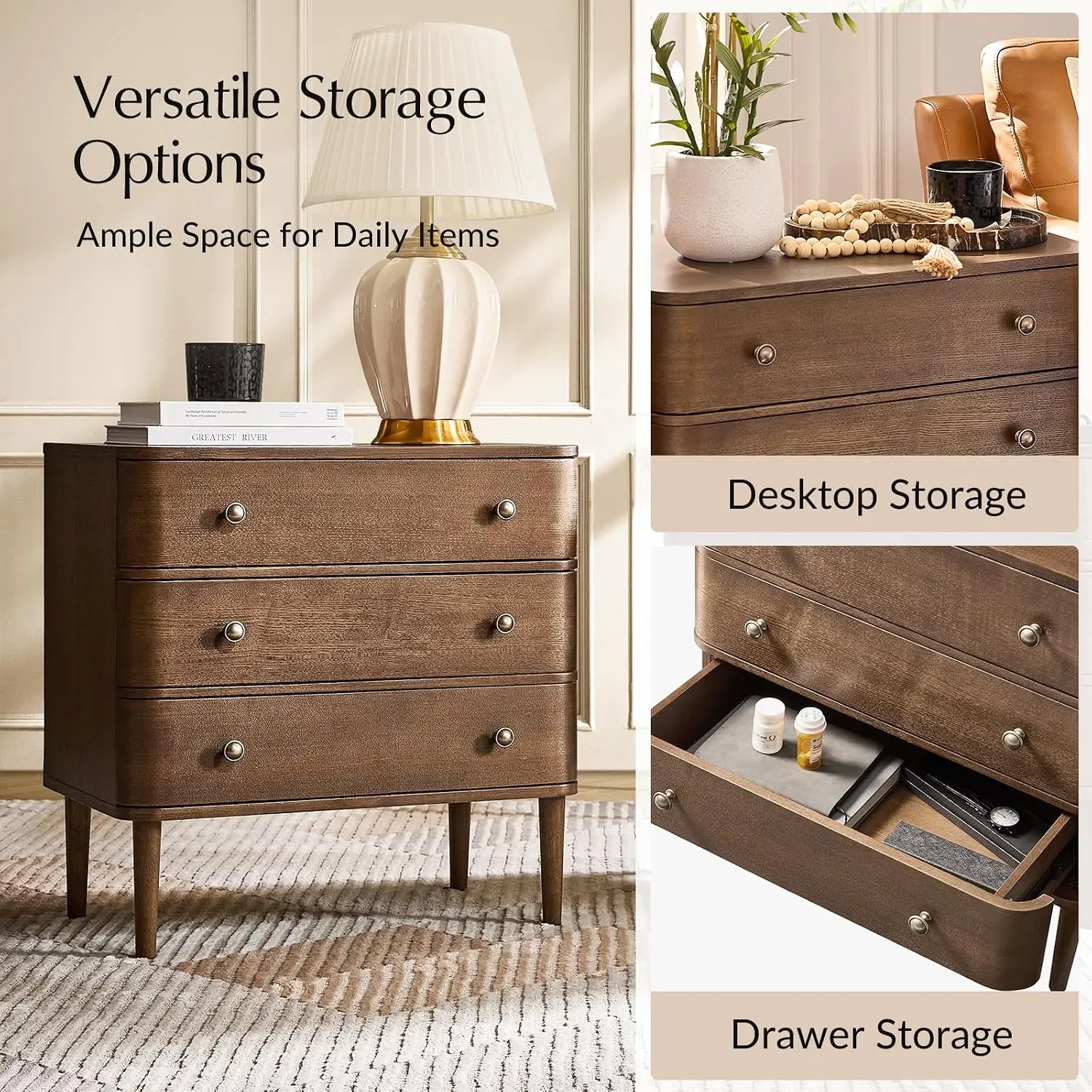 3 Drawer End Table with USB Charging Station, Set of 2, Walnut Wood Finish, Customized