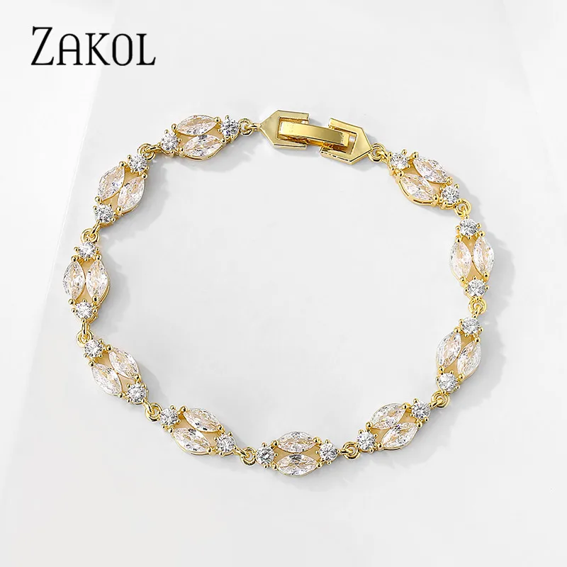 

ZAKOL Trendy White Color Leaf Charm Cubic Zirconia Bracelet & Bangles Clear CZ Crystal Bride Jewelry for Women BP2183