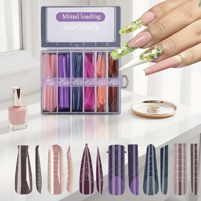 Ensemble de formes d'ongles colorées, 140 pièces/boîte, formes complètes d'ongles, moules supérieurs pour ongles, formes d'extension de Gel, outils de faux moule de construction