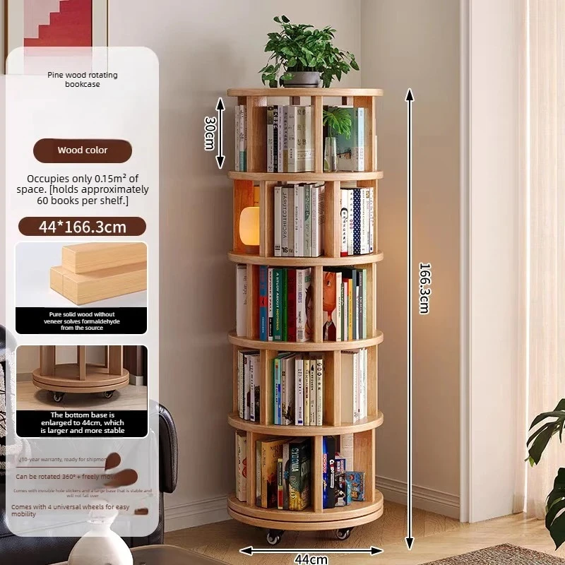Solid wood multi-layer rotating bookshelf, bedroom student bookshelf, mobile pulley book storage rack, corner bookshelf