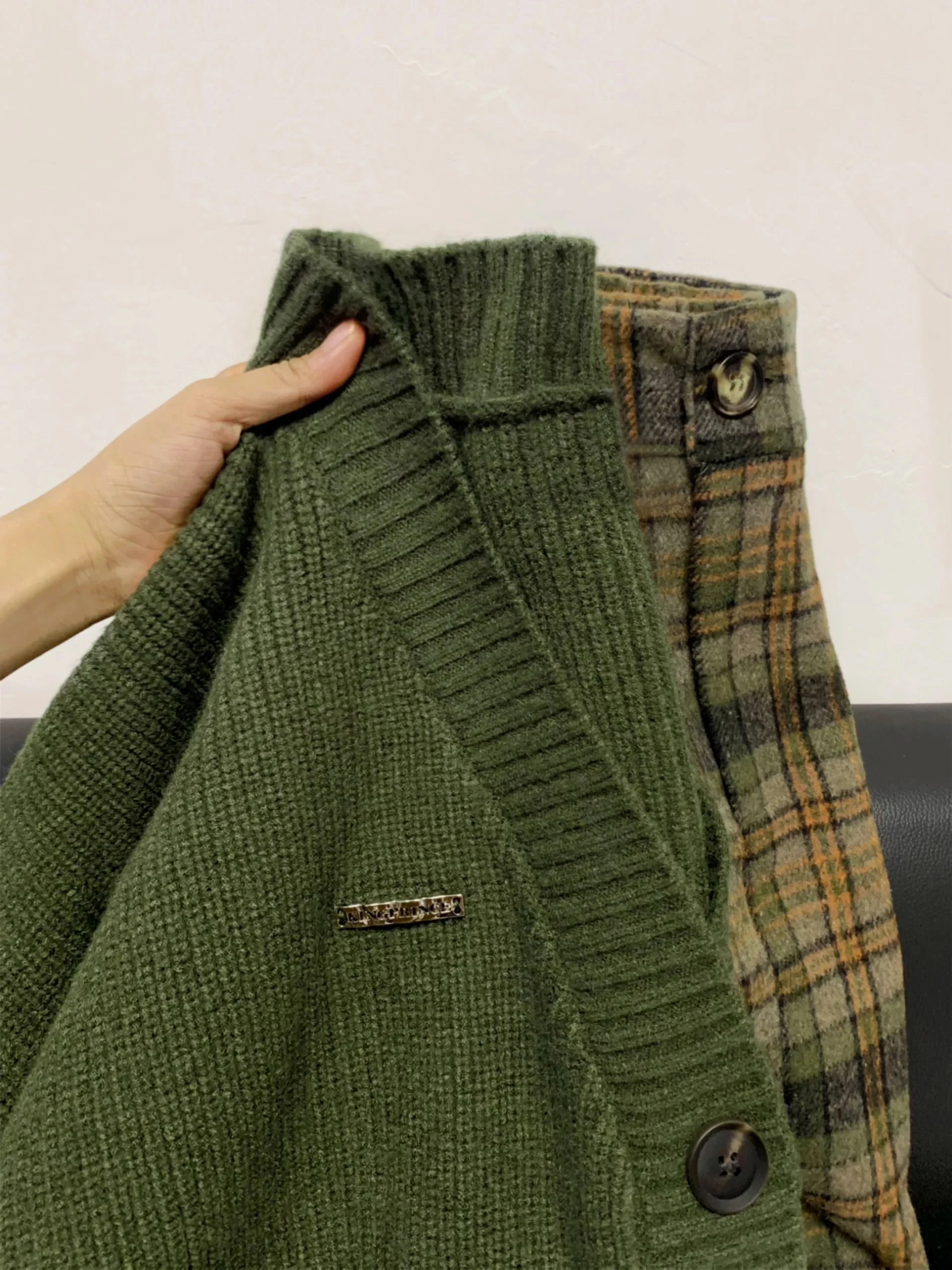 Retro Hong Kong Style High Waist Green Plaid Woolen  Skirt Women's Autumn Winter Slimming A-Line Midi Skirt