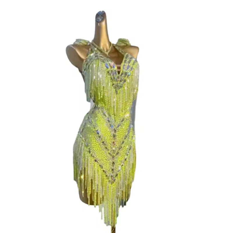 Latin danskostuum AB Steen Vrouwelijke Volwassen Kinderen High-End Aangepaste Jade Groene Jurk Samba Prestaties Jurk - afbeelding 1