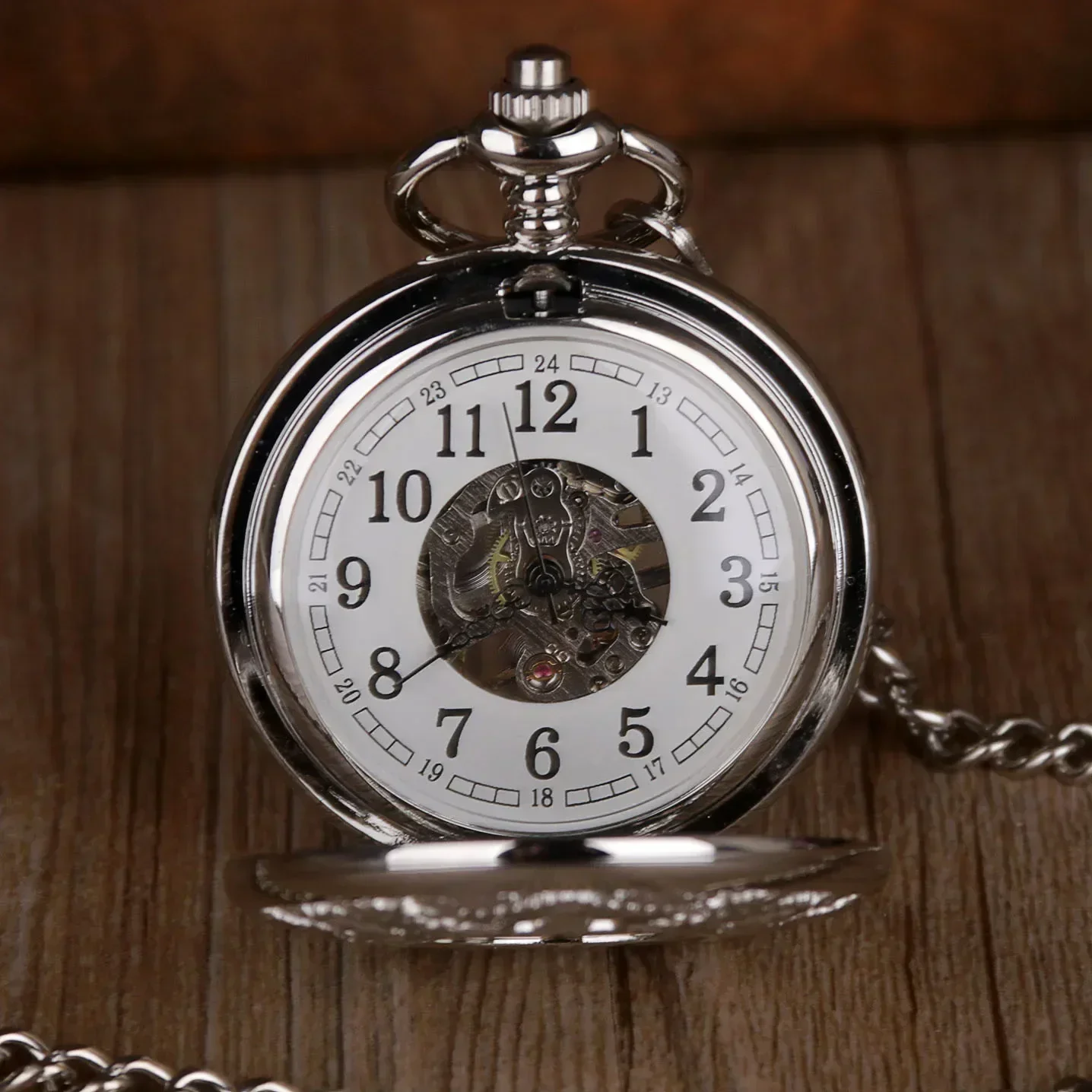 Silver Hollow Engraved White Face Scale Mechanical Pocket Watch Antique Retro Necklace Pendant with Chain Gifts Pocket&Fob Watch