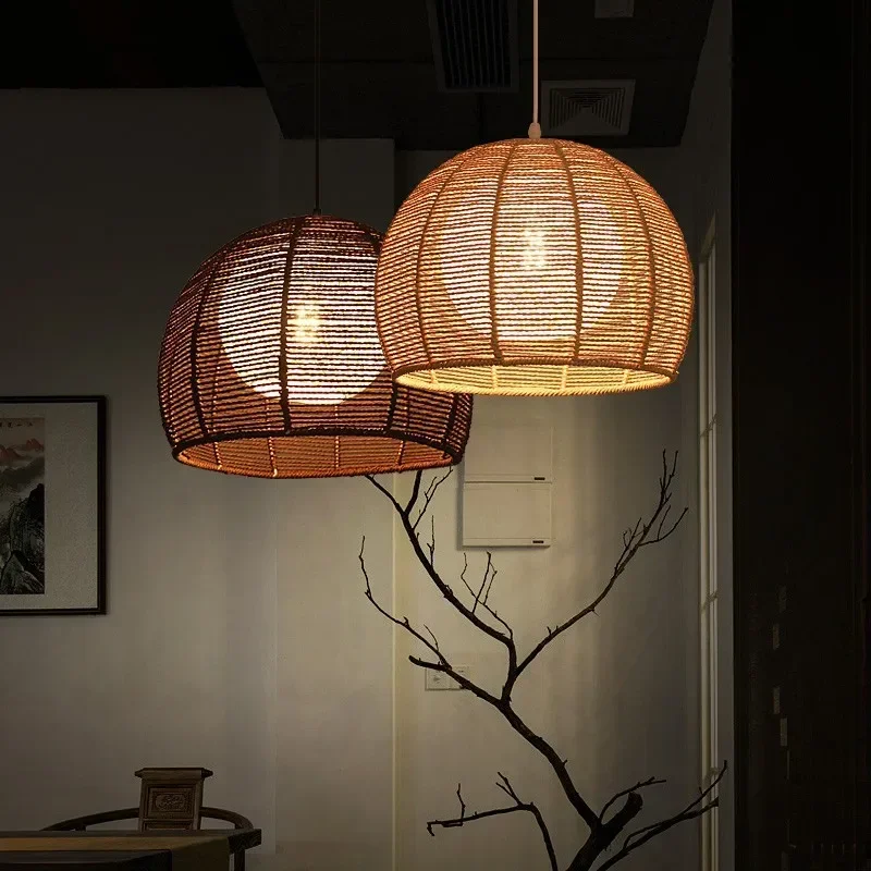 

Minimalist Retro Hemp Rope Chandeliers Handmade Rattan LED Hanging Lamp for Dining Room Bedroom Balcony Bedside Lighting Fixture