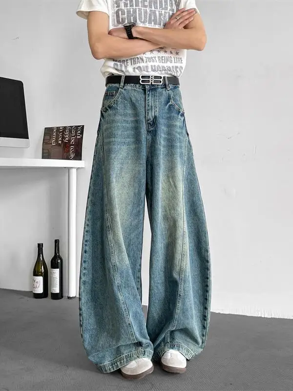 

Retro Waed Men's Jeans Loose American Sle Spring Autumn High Waist Wide Leg Floor Length Trousers Trendy Brand Casual Jeans