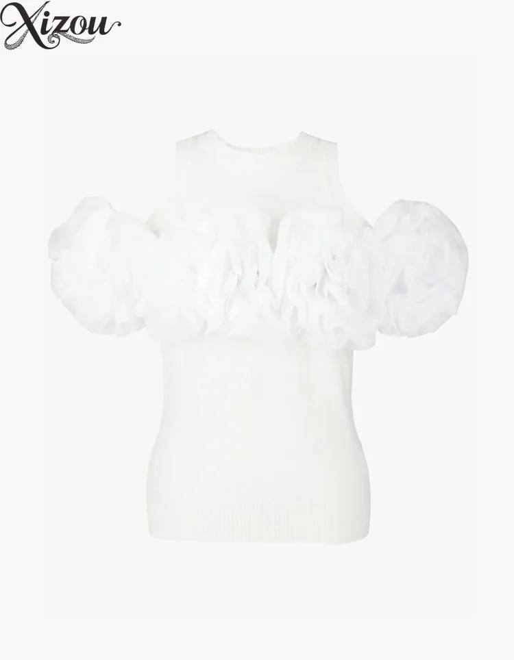 

2025 Summer Japanese 3D Large Flower Top Off-shoulder Round Neck Sleeveless Ruffles Slim Knitted Sweet Kawaii Elegant Shirt