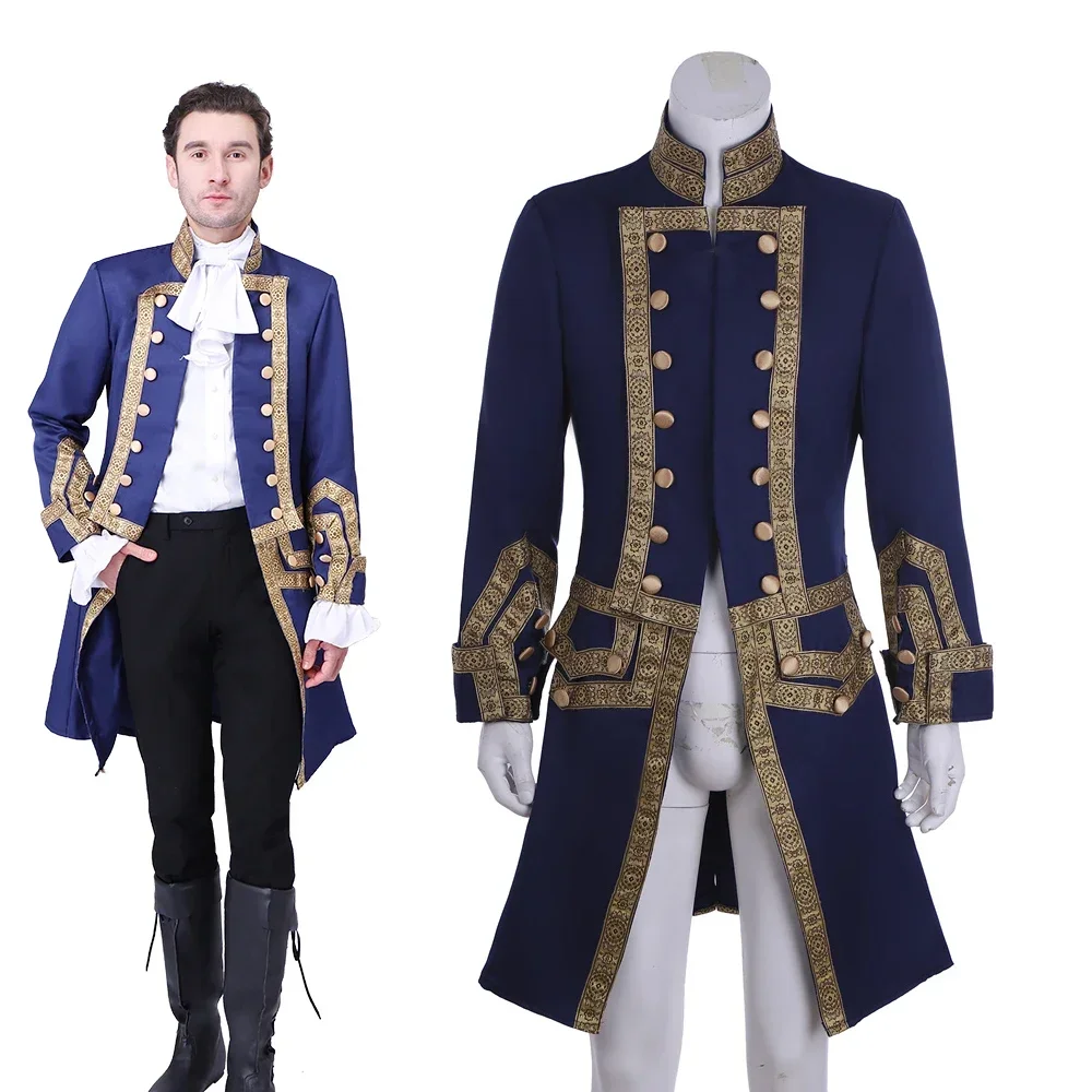 2026 New Navy Blue 18th Century Colonial Military Uniform Tuxedo for Men, Red Medieval Vintage Victorian Print Men's Jackets