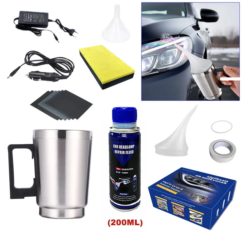 NOUVEAU Kit de réparation de phares 200ML – Outil de polissage pour phares de voiture, liquide de restauration polymère, kit de nettoyage avec tasse chauffante, prise UE