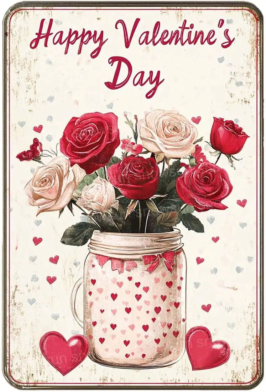 1p,Snowsun Tin Sign Happy Valentines Day Mason Jar Metal Signs Vintage Signs Retro Sign For Home Bar Office Outdoor Garden Wall