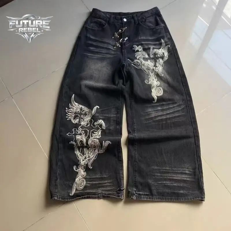 Dark Y2K Gothic Jeans Men Wide Leg Loose Fit Streetwear Vintage Casual Trendy Comfortable Breathable Trousers Harajuku Hip Hop