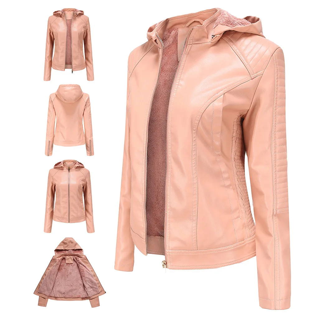 2024 New Winter Warm Women Short Coat Leather Biker Jacket Parka Zipper Tops Overcoat Outwear Hooded