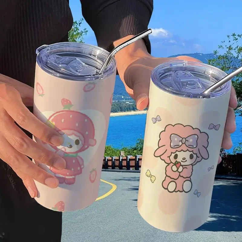 Sanrio Kawaii Kuromi Coffee Cup with Straw Cute Cartoon Anime Hello Kitty Cinnamoroll Thermal Cup Portable Stainless Steel Cup