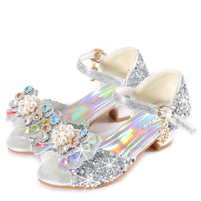 Summer Girls' Sandals Colored Diamond Princess Shoes 2024 New Children's High Heels Kids Bowknot Students Perform Dance Shoes