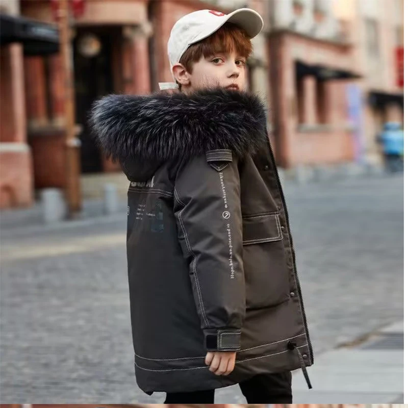 Fur Hooded Duck Down Jacket Zipper Children Winter Jacket Warm thicken Windbreak Outwear boys3 4 5 6 7 8 T-35 Degreescoat New