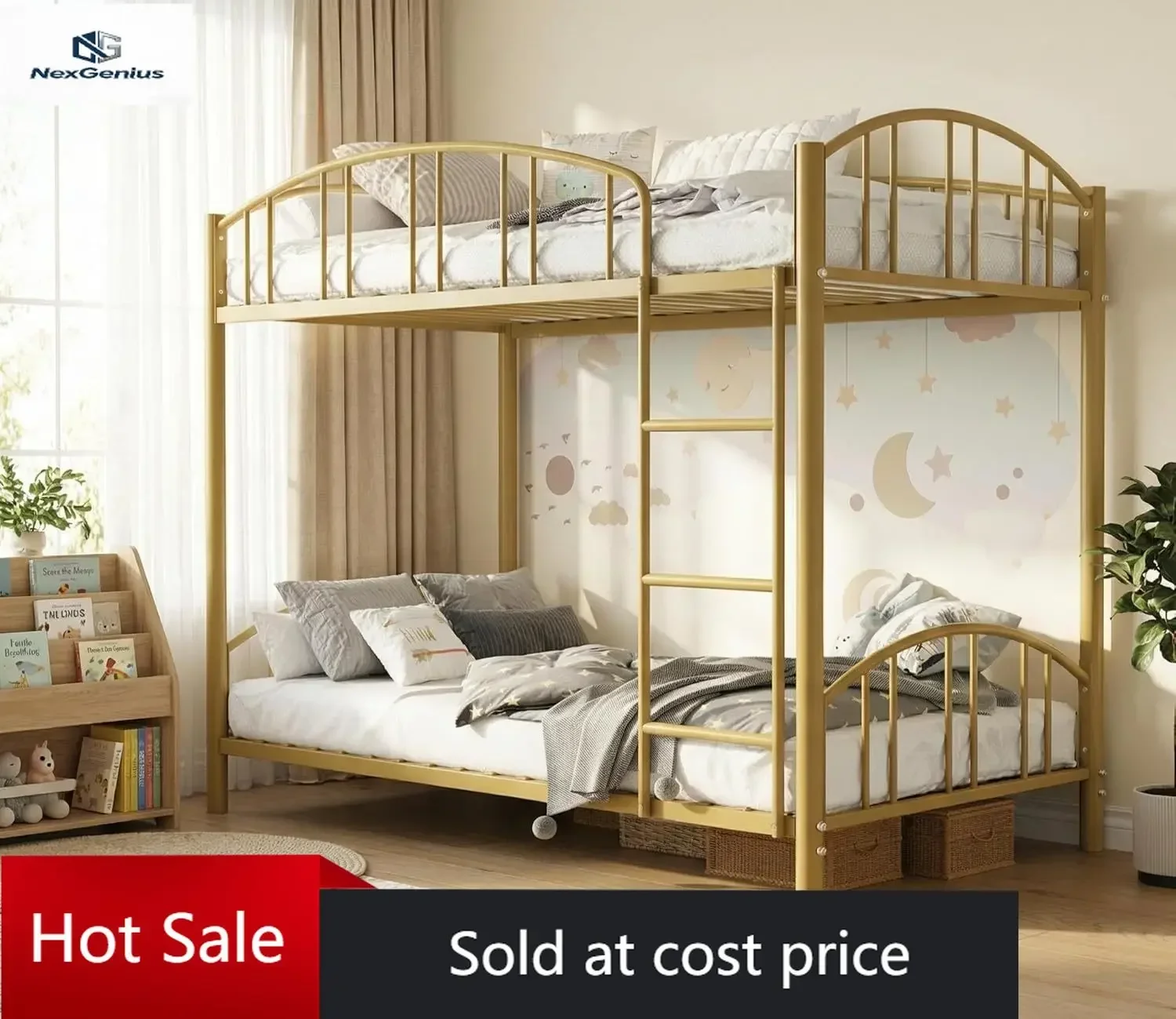 IDEALHOUSE Twin Over Twin Bunk Bed Frame, Twin Bunk Bed Frame with Heightened Arched Guardrail and Safety Ladder, Sturdy Steel B